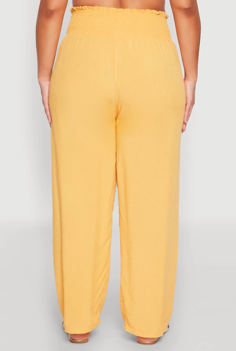 Womens Plus Smocked High Waisted Pants, Yellow,