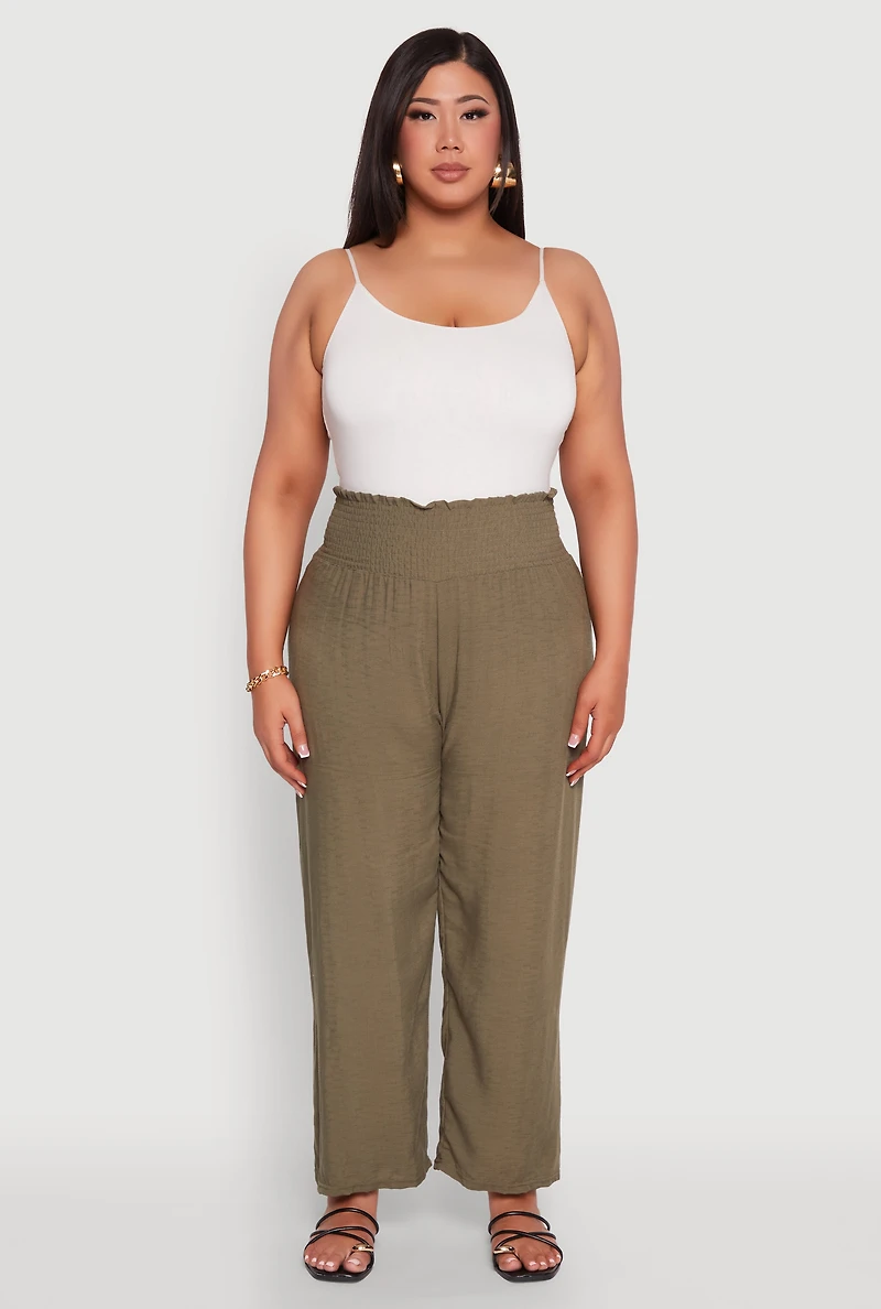 Womens Plus Smocked High Waisted Pants, Green,