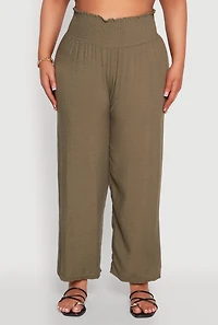 Womens Plus Smocked High Waisted Pants, Green,