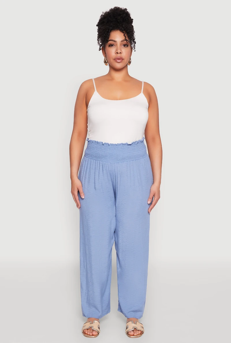 Womens Plus Size Smocked High Waisted Pants, Blue, Size 3X