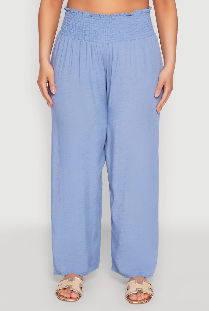 Womens Plus Size Smocked High Waisted Pants, Blue, Size 3X