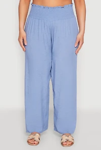 Womens Plus Size Smocked High Waisted Pants, Blue, Size 3X
