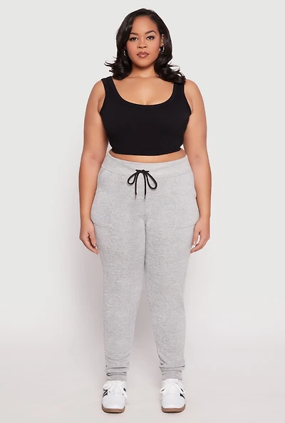 Womens Plus Size Brushed Knit High Waisted Joggers, Grey, Size 1X