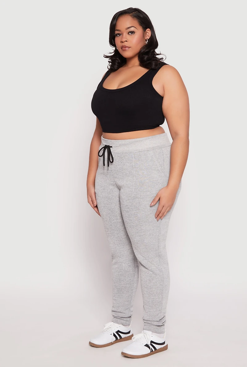 Womens Plus Size Brushed Knit High Waisted Joggers, Grey, Size 1X