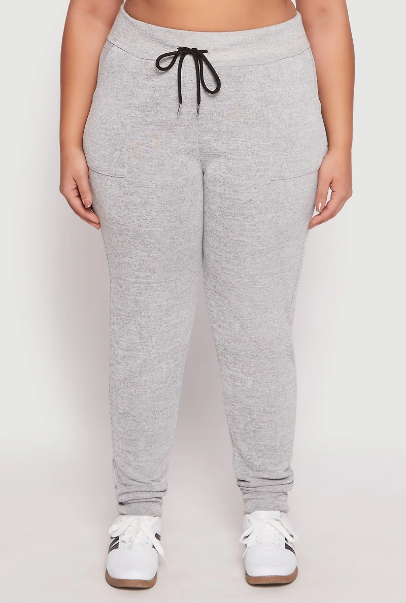 Womens Plus Size Brushed Knit High Waisted Joggers, Grey, Size 1X