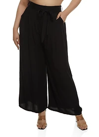 Plus High Waisted Tie Waist Wide Leg Pants