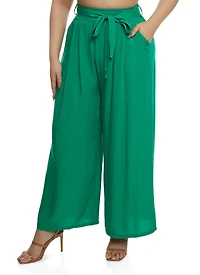 Plus High Waisted Tie Waist Wide Leg Pants