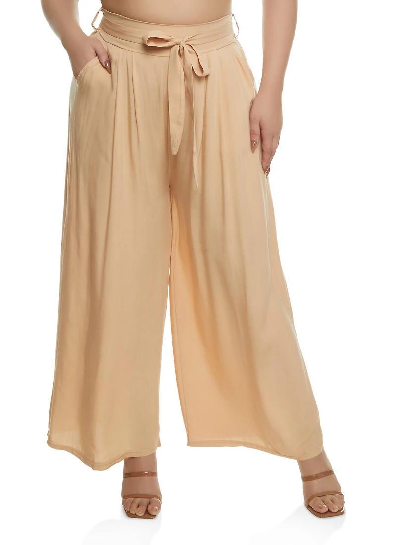 Plus High Waisted Tie Waist Wide Leg Pants