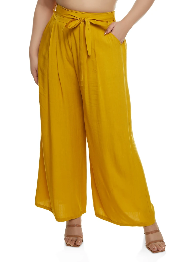 Plus High Waisted Tie Waist Wide Leg Pants