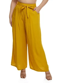 Plus High Waisted Tie Waist Wide Leg Pants