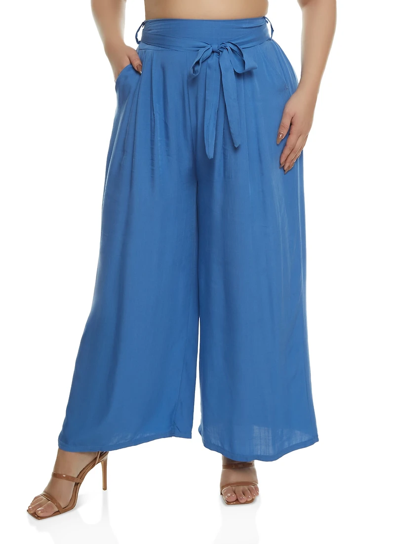 Plus High Waisted Tie Waist Wide Leg Pants