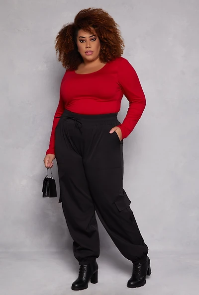Womens Plus Size Poplin Cargo Pocket Joggers, Black, Size 1X