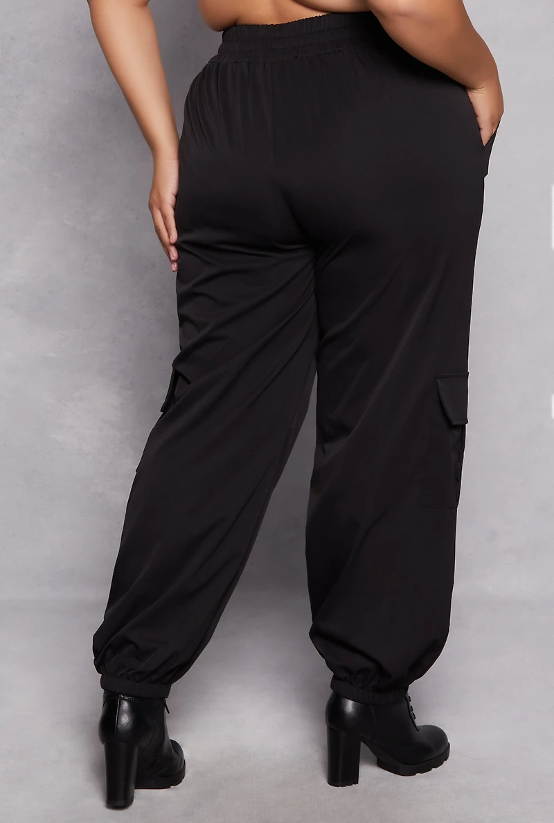 Womens Plus Size Poplin Cargo Pocket Joggers, Black, Size 1X