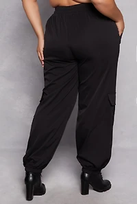 Womens Plus Size Poplin Cargo Pocket Joggers, Black, Size 1X