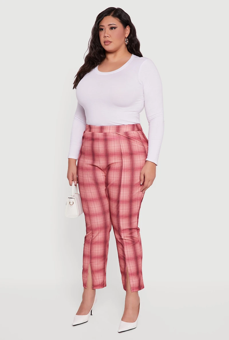 Plus Plaid Slit Front Pull On Slim Leg Pants