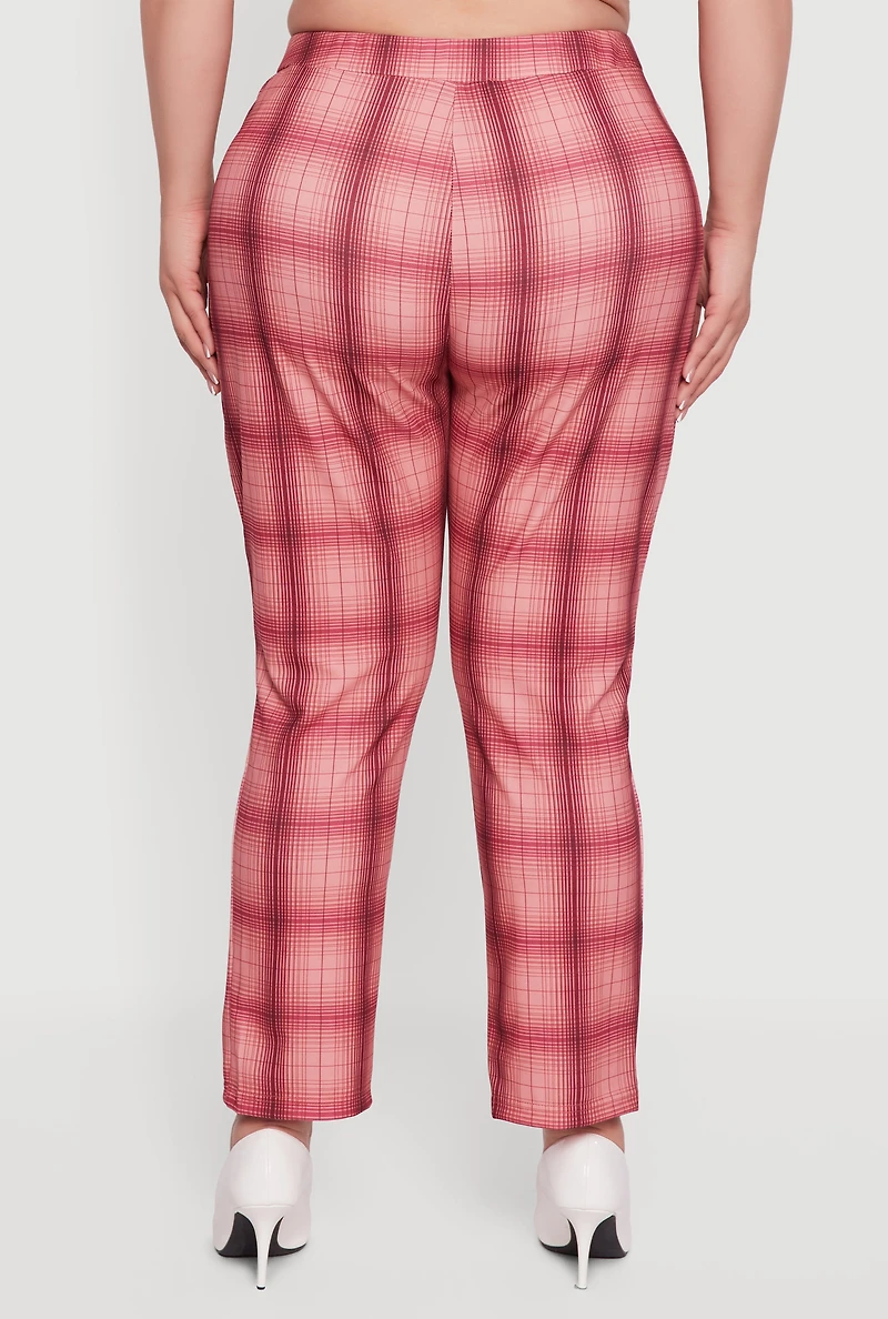 Plus Plaid Slit Front Pull On Slim Leg Pants