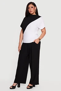 Plus Contrast Trim Drawstring Waist Pleated Pants