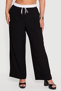 Plus Contrast Trim Drawstring Waist Pleated Pants