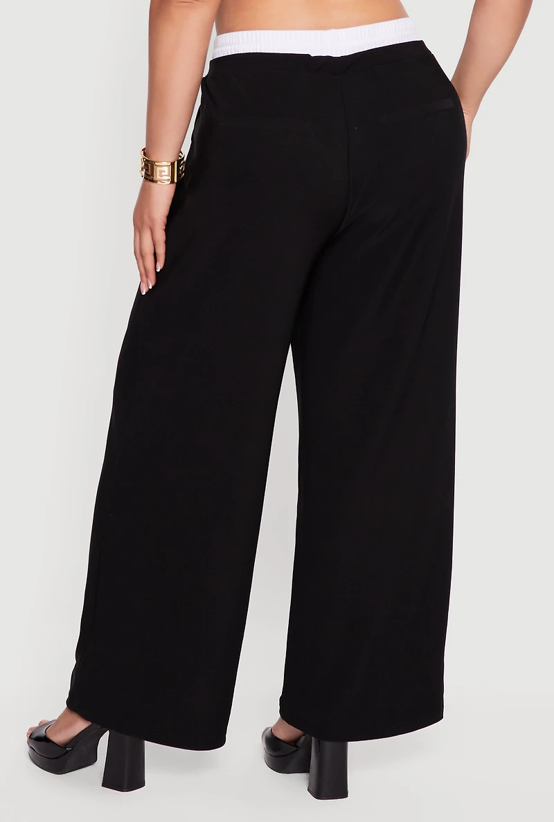 Plus Contrast Trim Drawstring Waist Pleated Pants