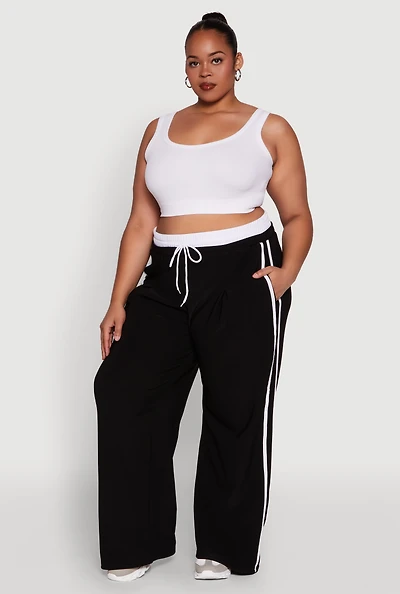 Womens Plus Size Stylish Active Pant with Contrast Trim and Varsity Stripes, Black, Size 1X