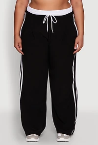 Womens Plus Size Stylish Active Pant with Contrast Trim and Varsity Stripes, Black, Size 1X