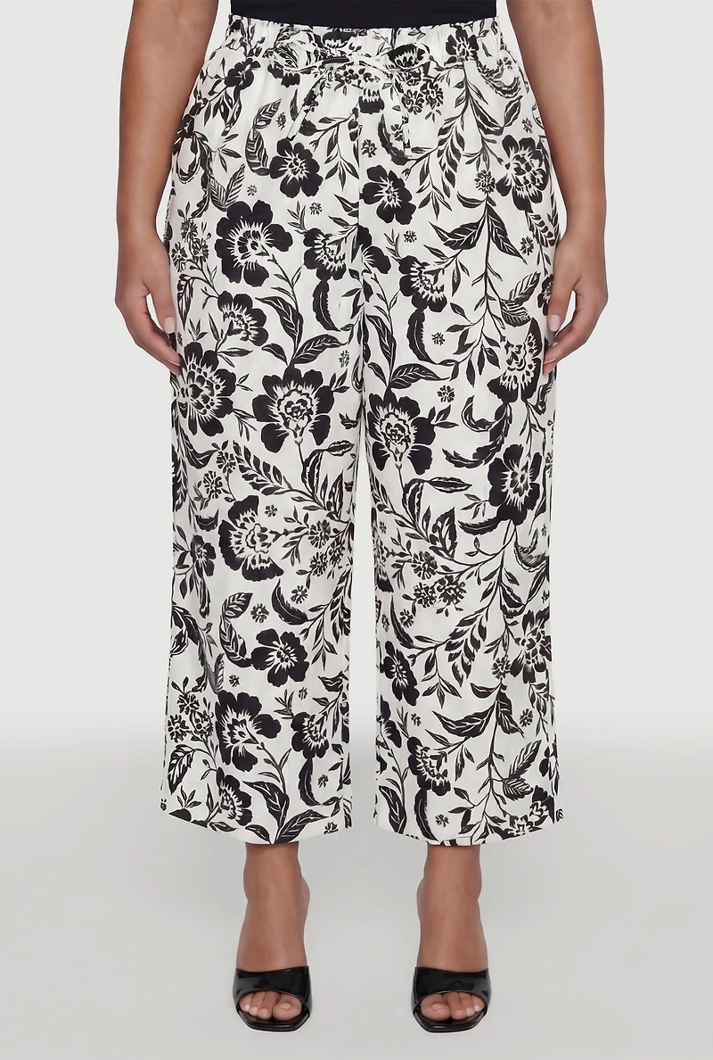 Plus Floral High Waisted Wide Leg Casual Pants