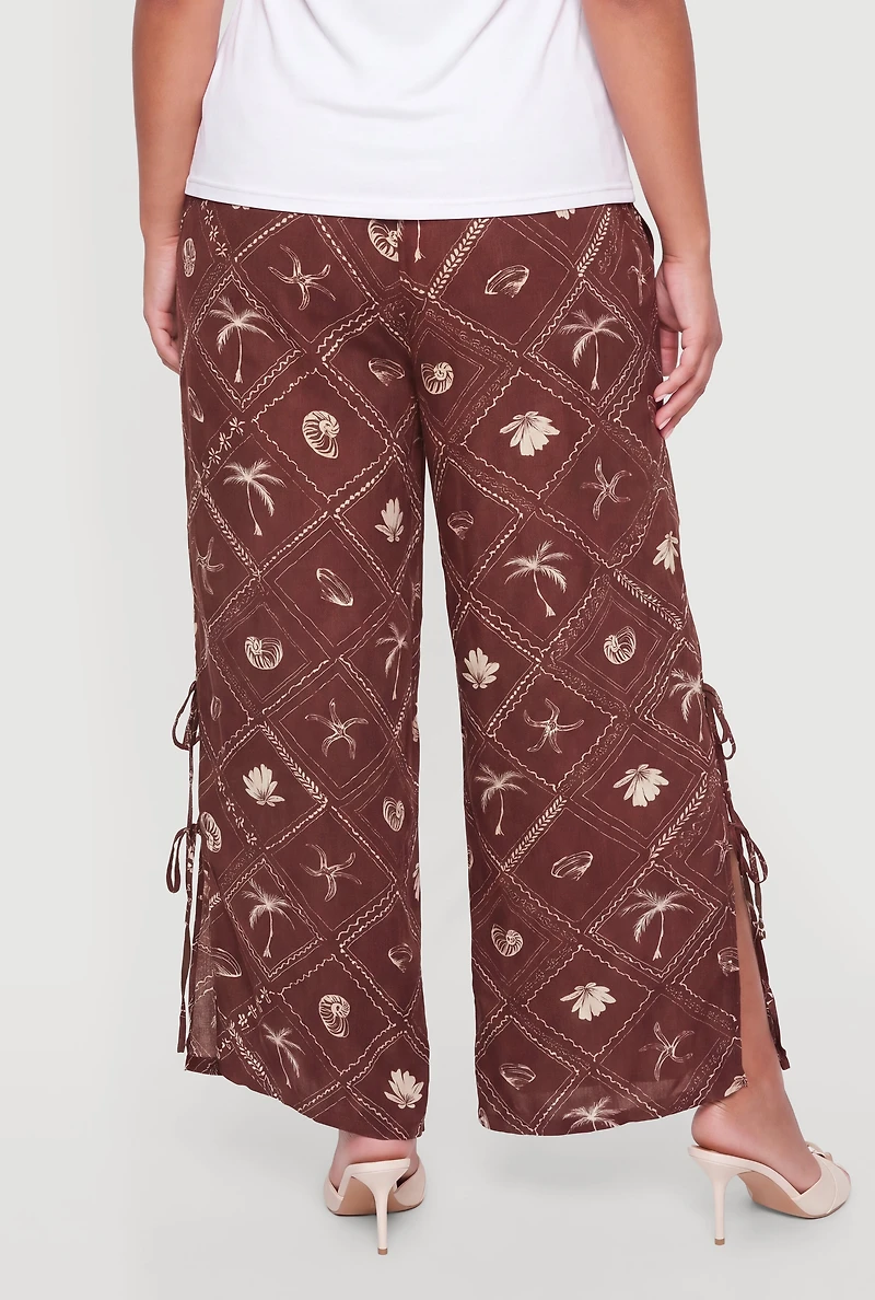 Plus Patterned Side Slit Bow Detail Wide Leg Pants