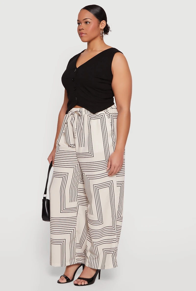 Plus High Waisted Geometric Print Crepe Knit Pants