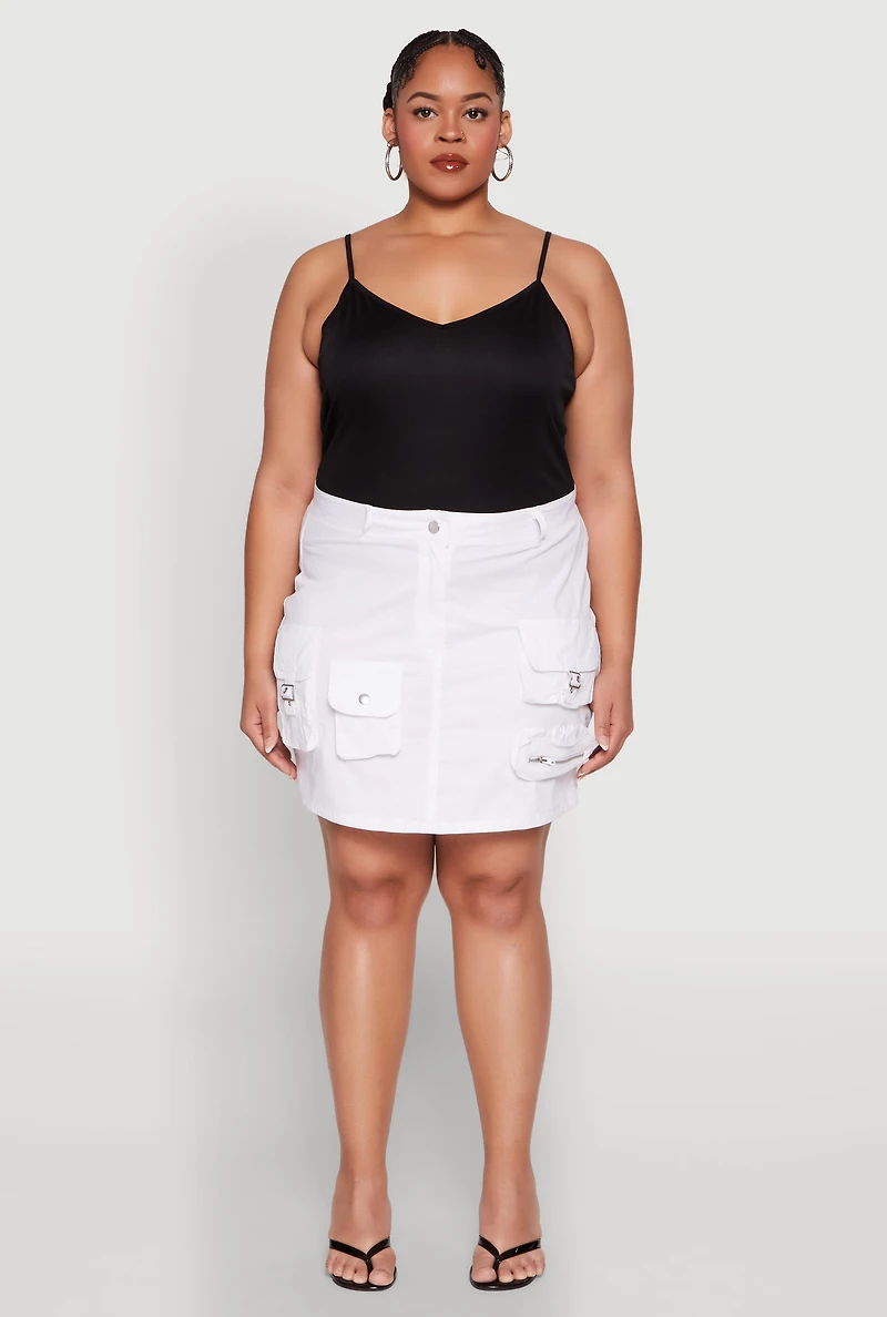 Womens Plus Size Multi Cargo Pocket Mini Skirt, White, Size 2X