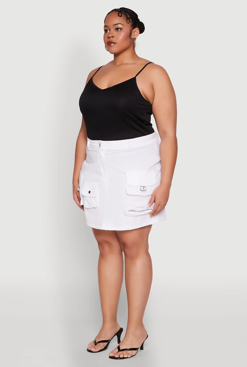 Womens Plus Size Multi Cargo Pocket Mini Skirt, White, Size 3X