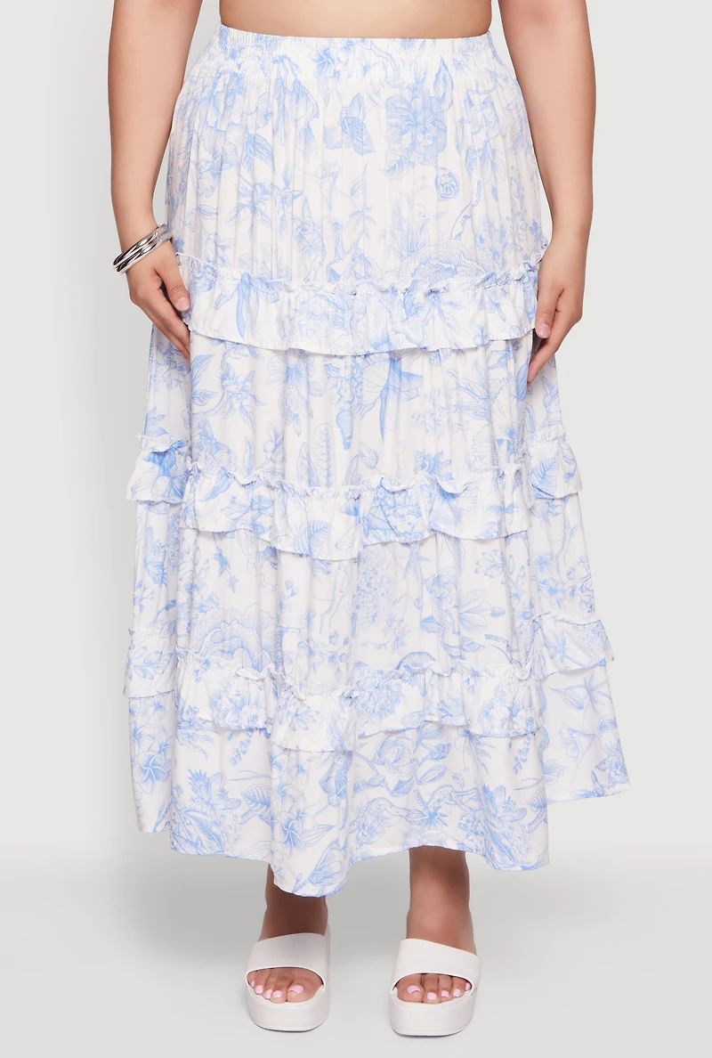 Plus Toile De Jouy Tiered Ruffle Trim Maxi Skirt