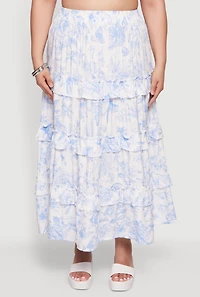 Plus Toile De Jouy Tiered Ruffle Trim Maxi Skirt