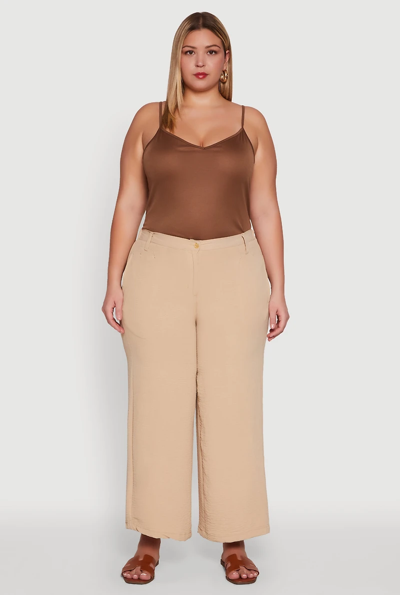 Womens Plus Size Chic Crepe Knit High Waisted Pants, Khaki, Size 2X