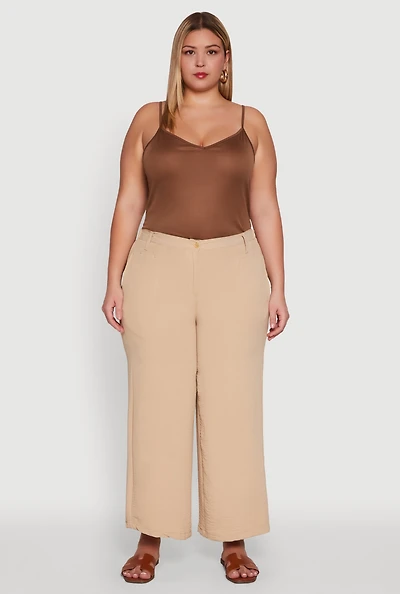 Womens Plus Size Chic Crepe Knit High Waisted Pants, Khaki, Size 2X