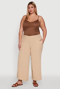 Womens Plus Size Chic Crepe Knit High Waisted Pants, Khaki, Size 2X