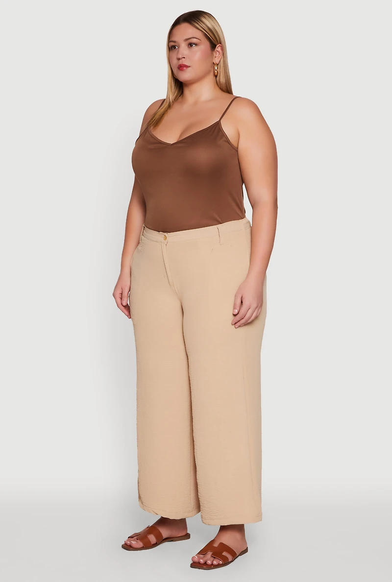 Womens Plus Size Chic Crepe Knit High Waisted Pants, Khaki, Size 2X