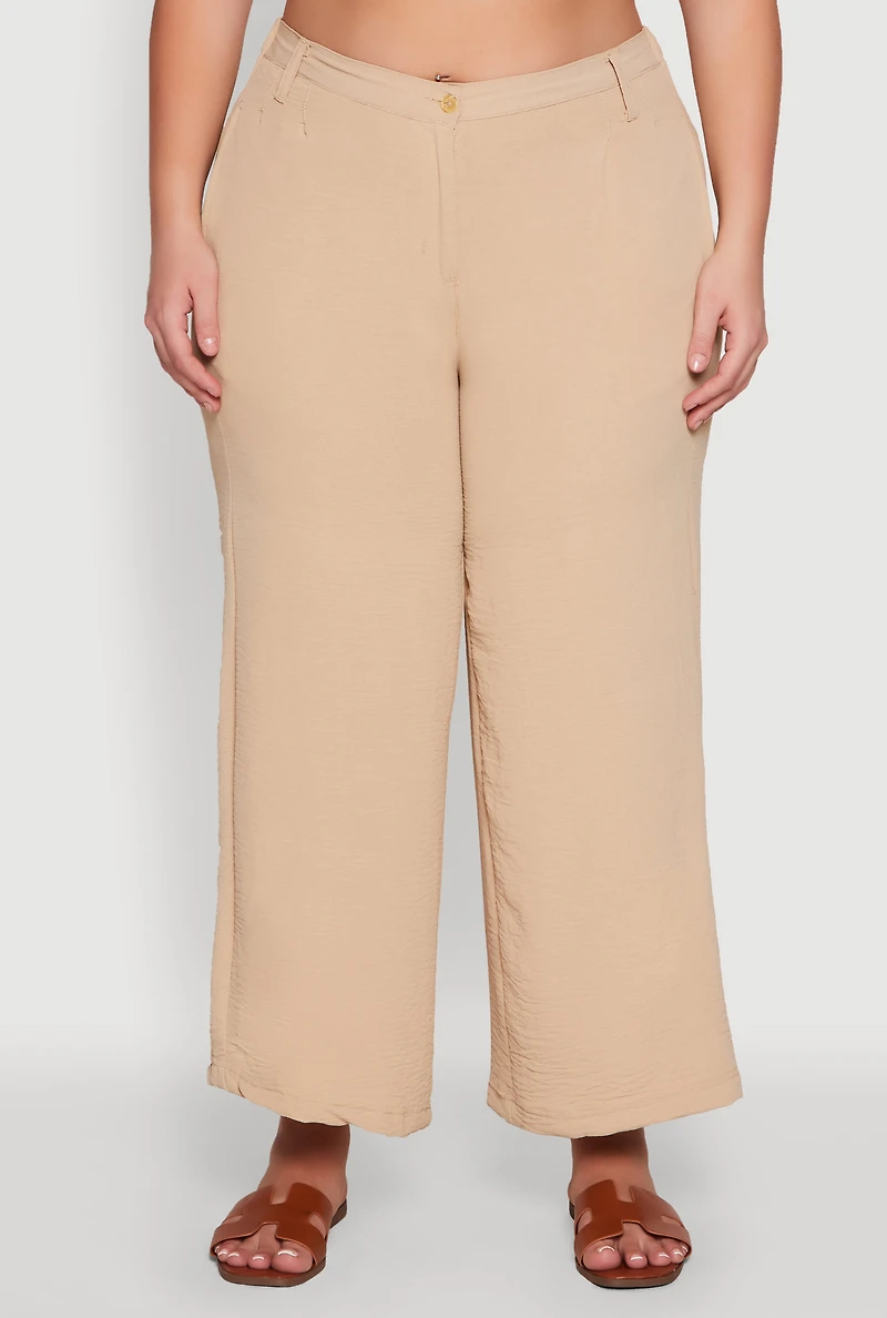 Womens Plus Size Chic Crepe Knit High Waisted Pants, Khaki, Size 2X