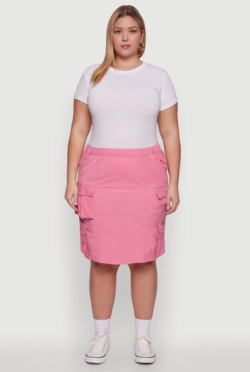 Womens Plus Size Nylon Pull On Utility Skirt with Elastic Waist, Pink, Size 1X