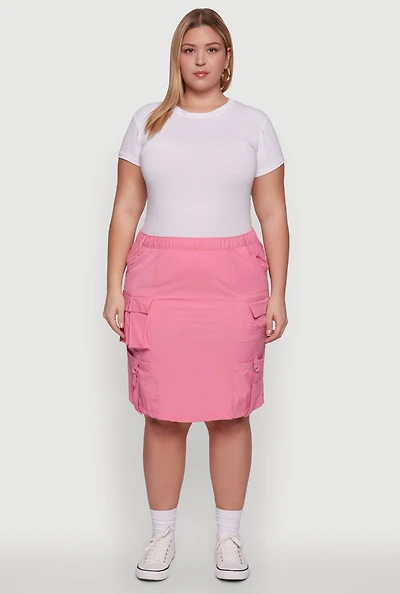 Plus Nylon Pull On Utility Skirt with Elastic Waist