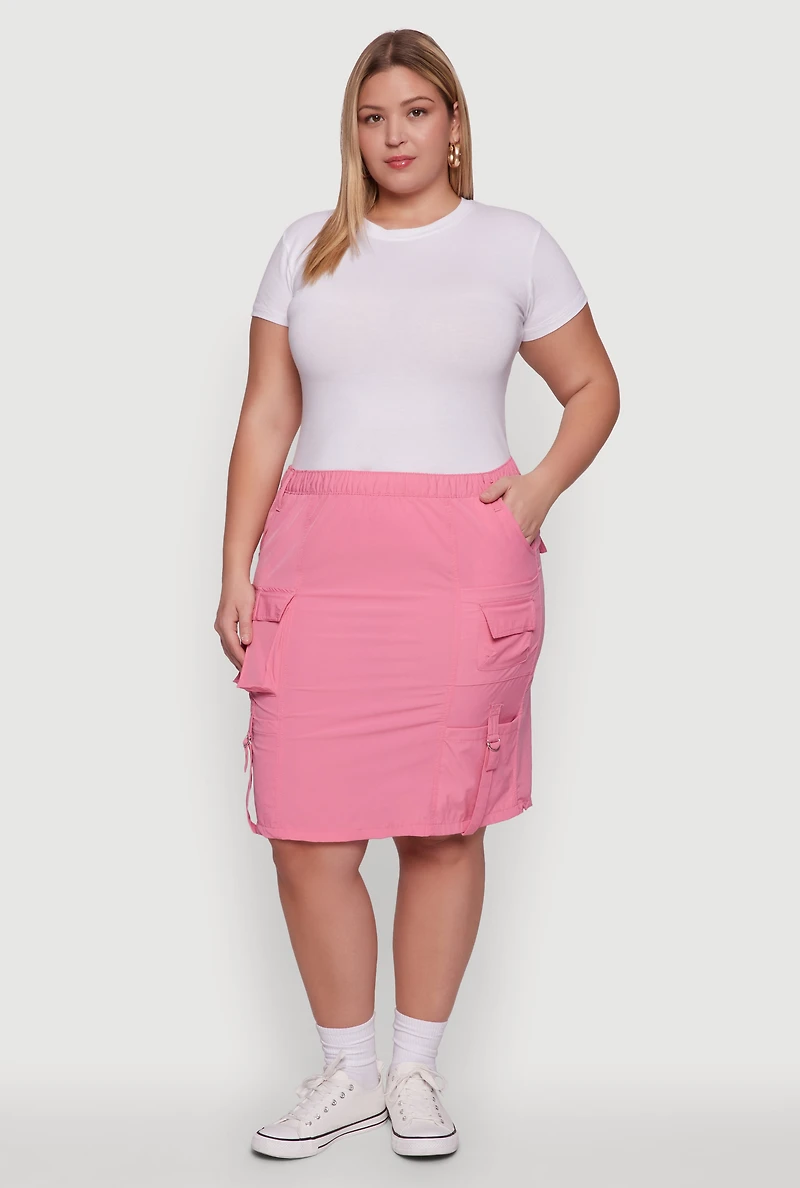 Plus Nylon Pull On Utility Skirt with Elastic Waist