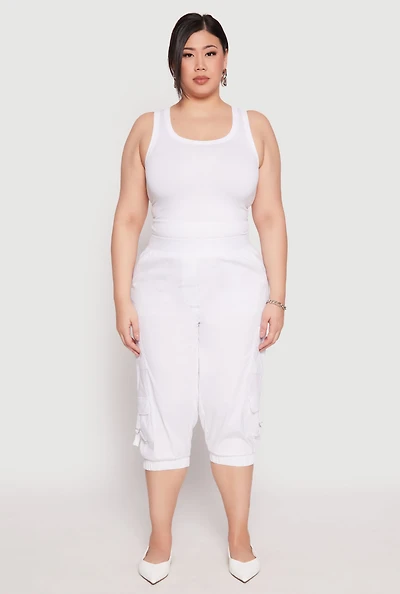 Womens Plus Size Poplin Pull On Capri Pants, White, Size 2X