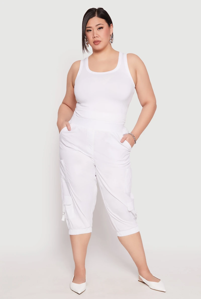 Womens Plus Size Poplin Pull On Capri Pants, White, Size 2X