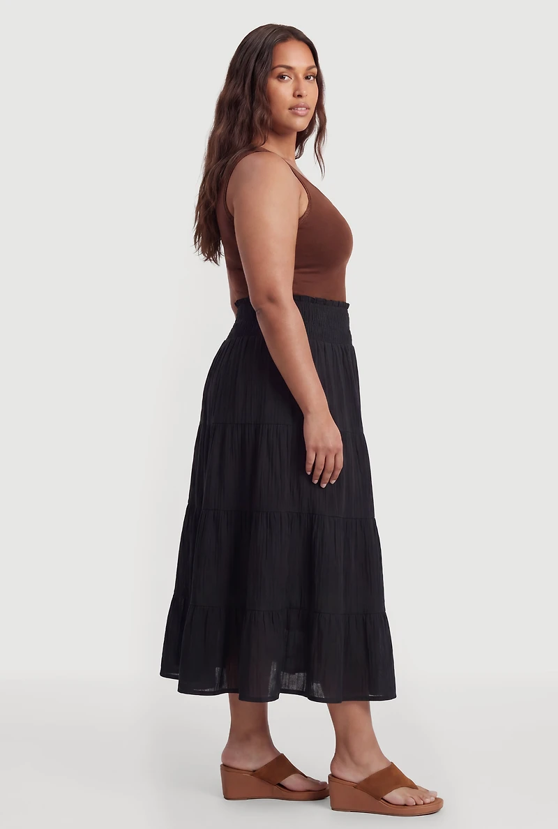 Plus Smocked High Waisted Tiered Maxi Skirt