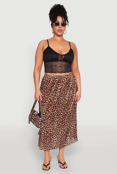 Womens Plus Size Plisse Leopard Print Maxi Skirt, Brown, Size 2X