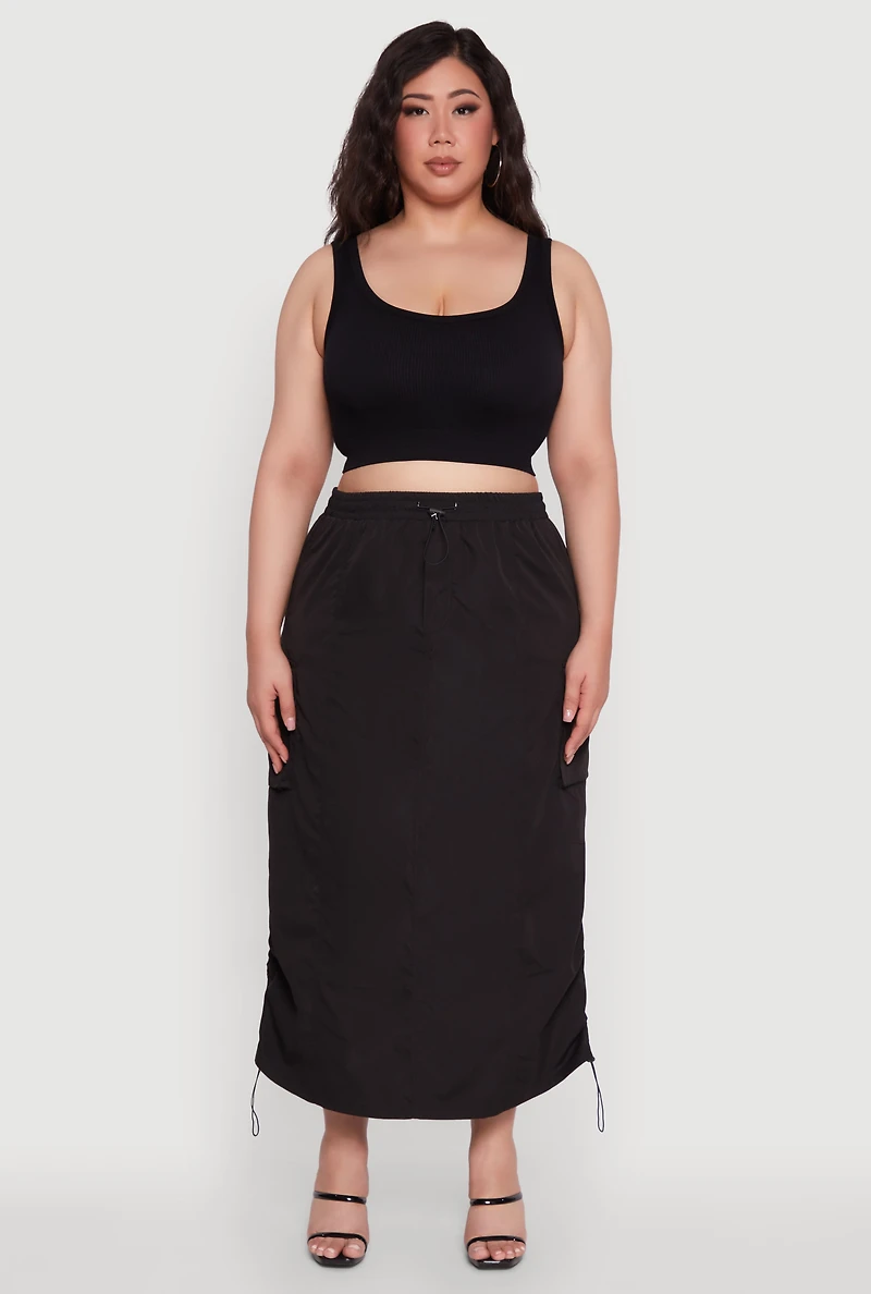 Womens Plus Size Poplin Toggle Drawstring Waist Cargo Skirt, Black, Size 2X