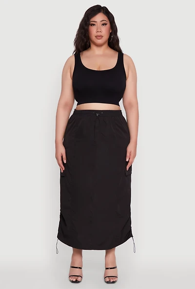Womens Plus Size Poplin Toggle Drawstring Waist Cargo Skirt, Black, Size 2X