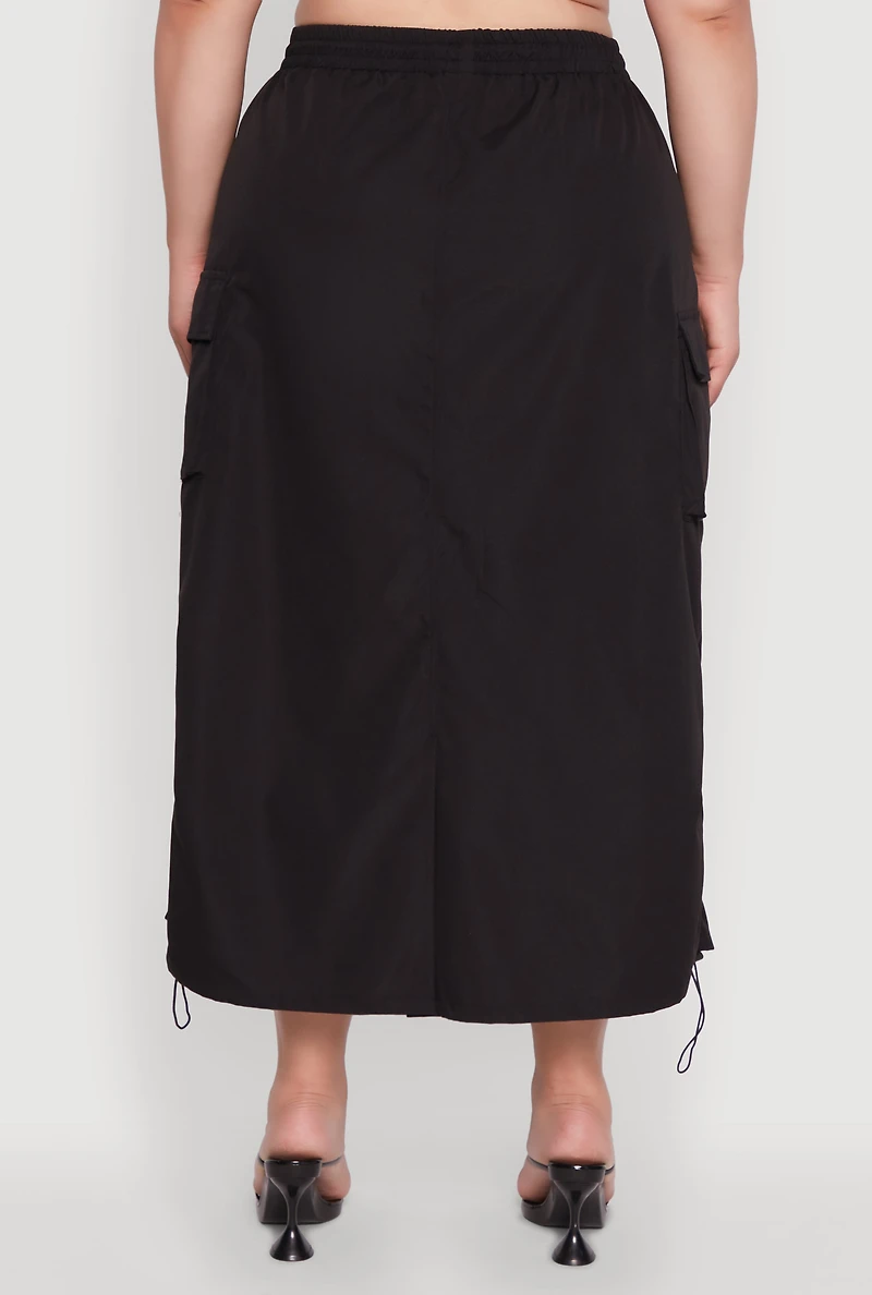 Womens Plus Size Poplin Toggle Drawstring Waist Cargo Skirt, Black, Size 1X