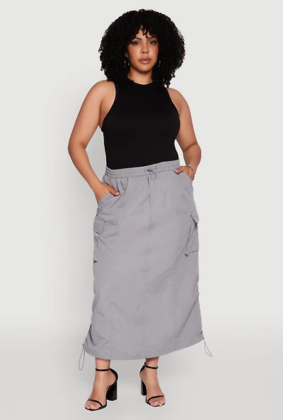 Womens Plus Size Poplin Toggle Drawstring Waist Cargo Skirt, Grey, Size 3X