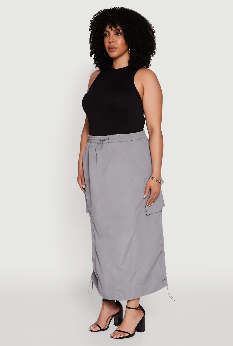 Womens Plus Size Poplin Toggle Drawstring Waist Cargo Skirt, Grey, Size 3X