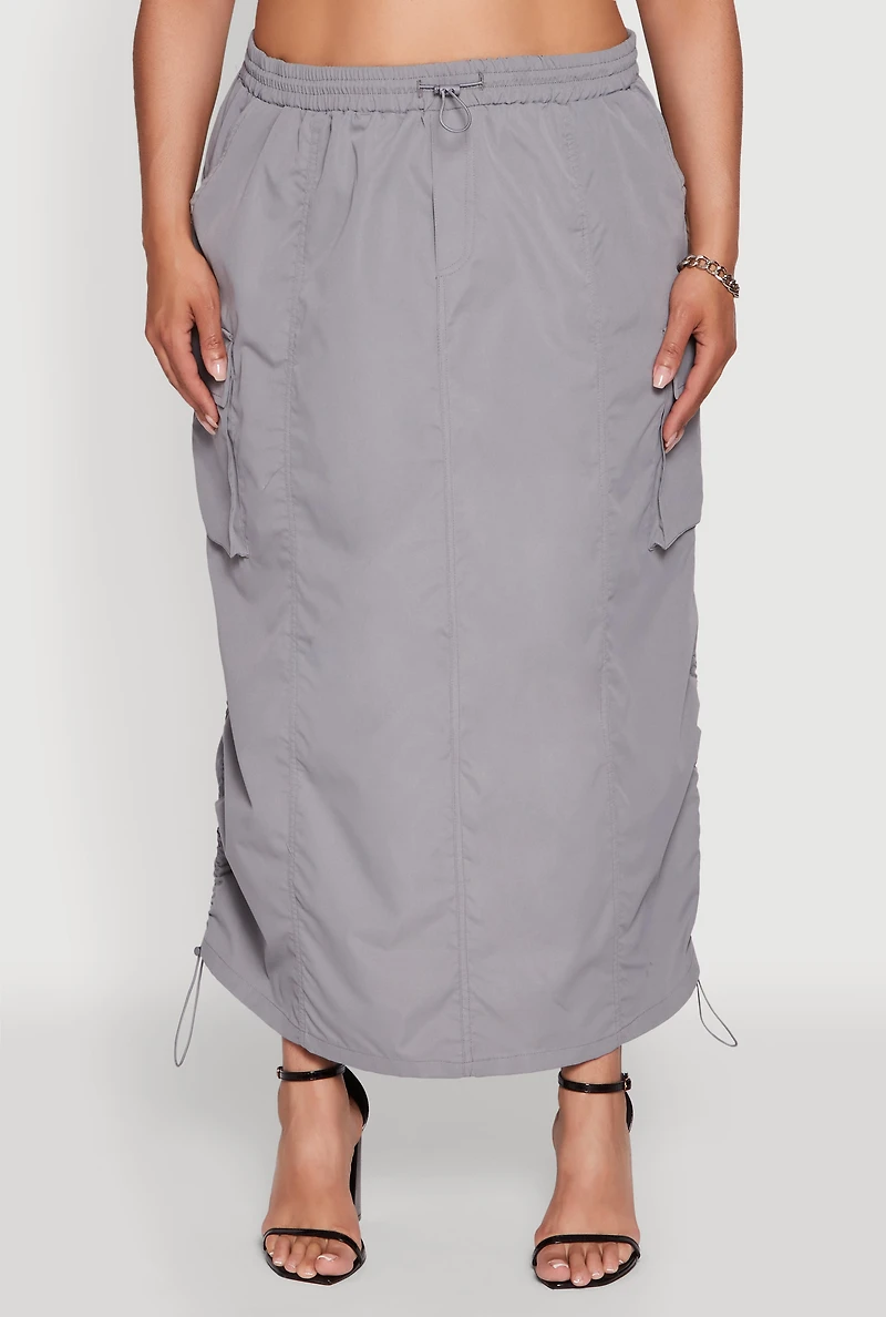 Womens Plus Size Poplin Toggle Drawstring Waist Cargo Skirt, Grey, Size 3X